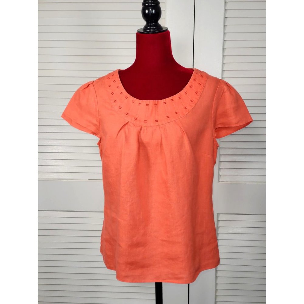 Boden Women's Coral Orange Short Cap Sleeve Embroidered Linen Shirt Size 8 1436